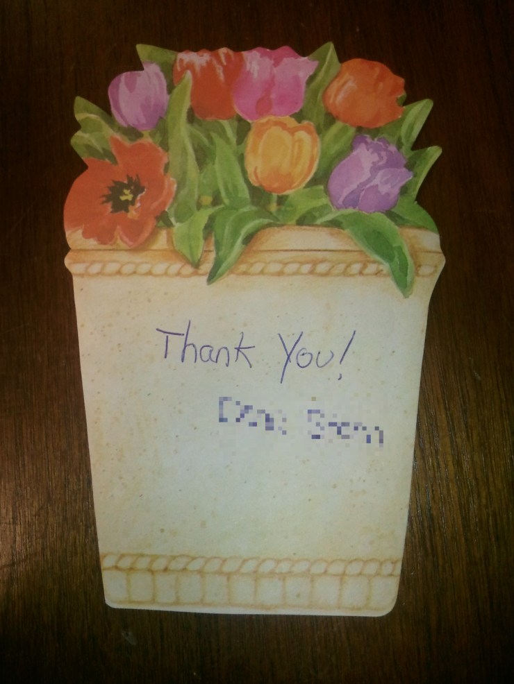 Flower pot stationery with a thank you note from a library member
